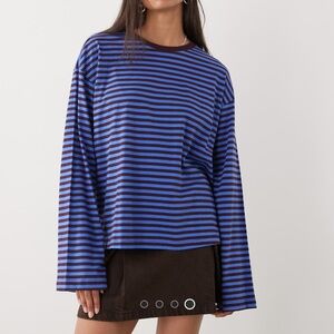 Monki Blue and Black Striped Long Sleeve Top